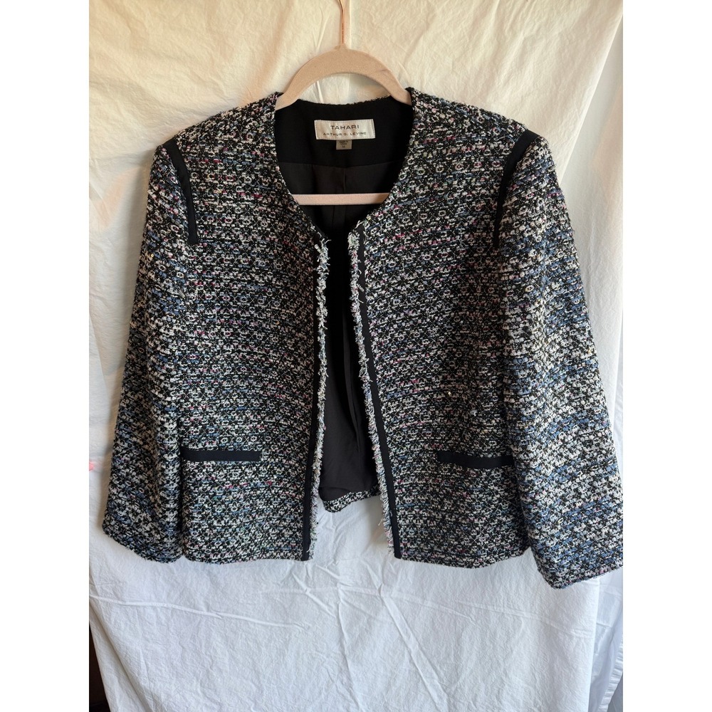 Tahari Arthur S. Levine Multicolor Tweed Blazer Jacket Open Front Fringe Trim 16